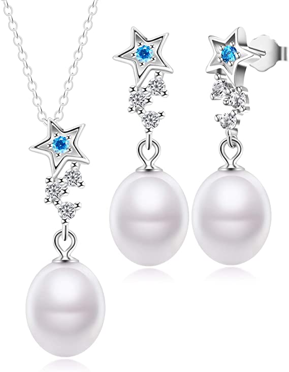 Sterling Silver Freshwater Cultured Teardrop Pearl Necklace Earrings With Stars Sets