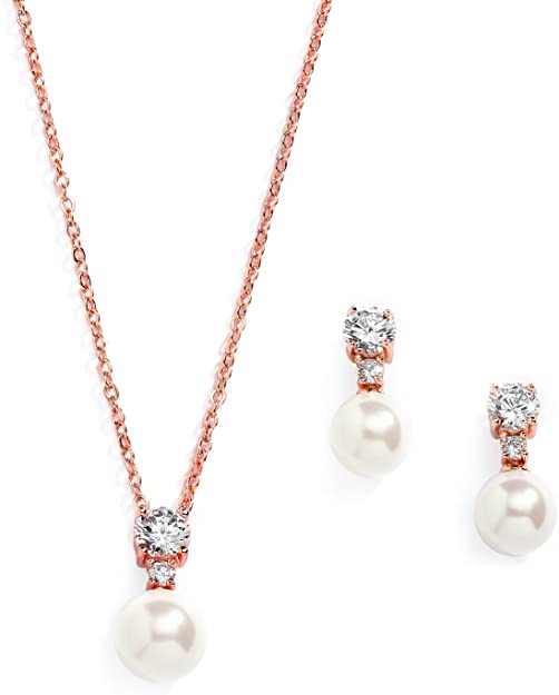 Rose Gold CZ & Ivory Pearl Wedding Necklace and Earrings Jewelry Set