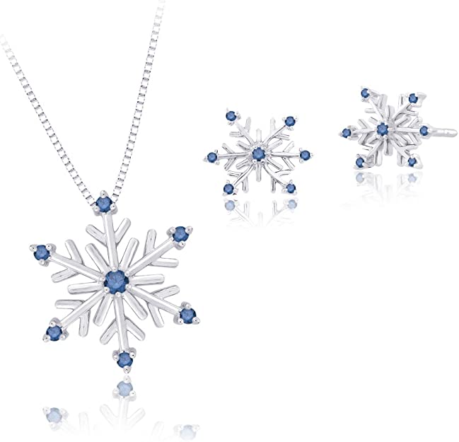 Blue Diamond SnowFlake Earrings and Pendant Necklace in 14K White Gold