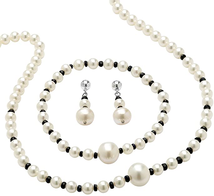 Genuine Blue Sapphire and Cultured Freshwater Pearl Necklace, Bracelet and Earrings Set