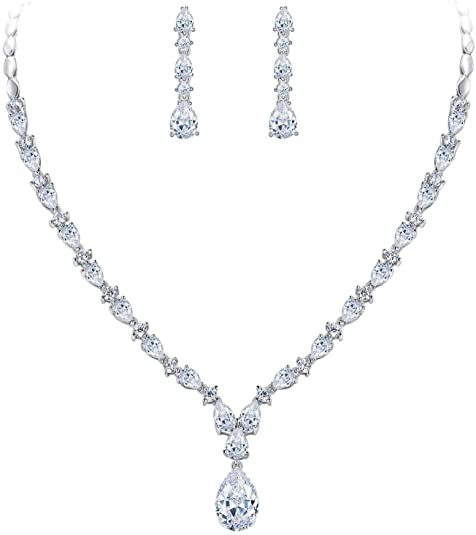 Gorgeous White Cubic Zirconia Charming Water Drop Bridal Bride Necklace Earrings Set Silver-Tone