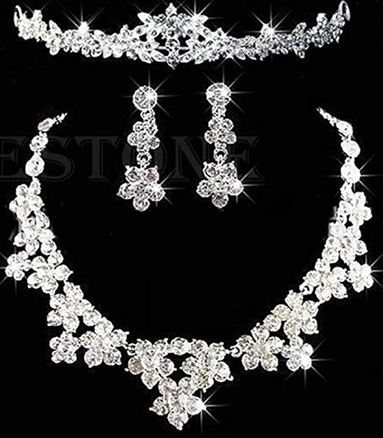 Persian Fashion Jewelry: Wedding Bridal Party Crystal Rhinestone Necklace + Earrings + Tiara Crown Set