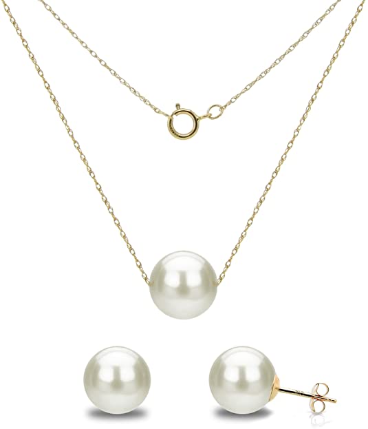 14k Gold Chain Necklace with White Freshwater Cultured Pearl Floating Pendant and Stud Earrings