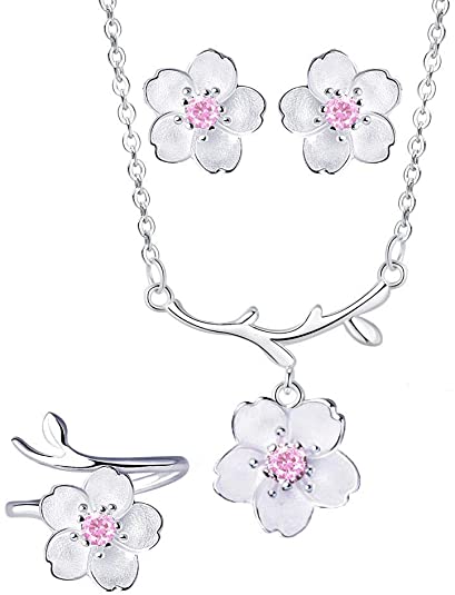 Cherry Blossom Sterling Silver Crystal Charm Flower Necklace Earrings Ring Jewelry Set