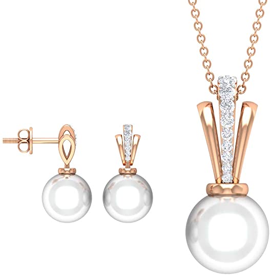 14.21 CT Diamond and Freshwater Pearl Earrings/Necklaces/Jewelry Set