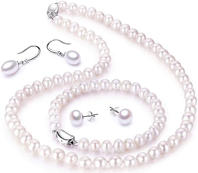 Freshwater Cultured Pearl Necklace Set Including Stunning Bracelet, Stud Earrings and Dangle Drop Earrings