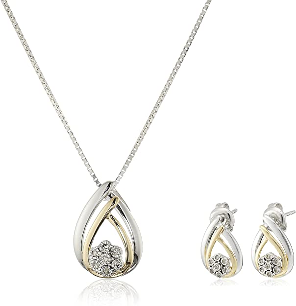 Silver Diamond Miracle Plate Teardrop Pendant Necklace and Stud Earrings