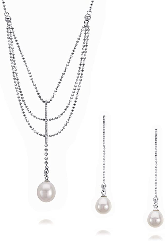 Sterling Silver with White Drop-Shape Natural Fresh Water Cultured Pearl Necklace & Dangle Earrings Set