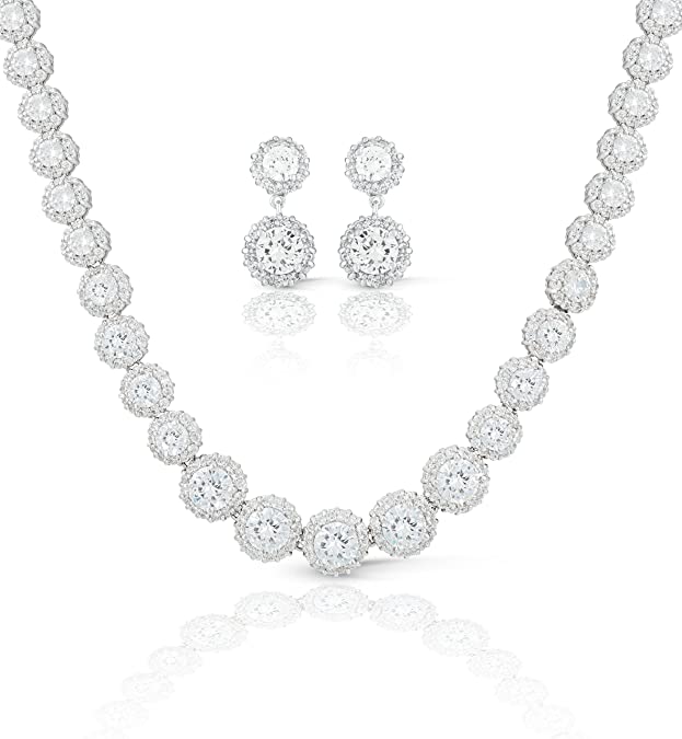 Rhodium Plated Bridal Wedding Graduated CZ Halo Necklace Earrings Jewelry Set