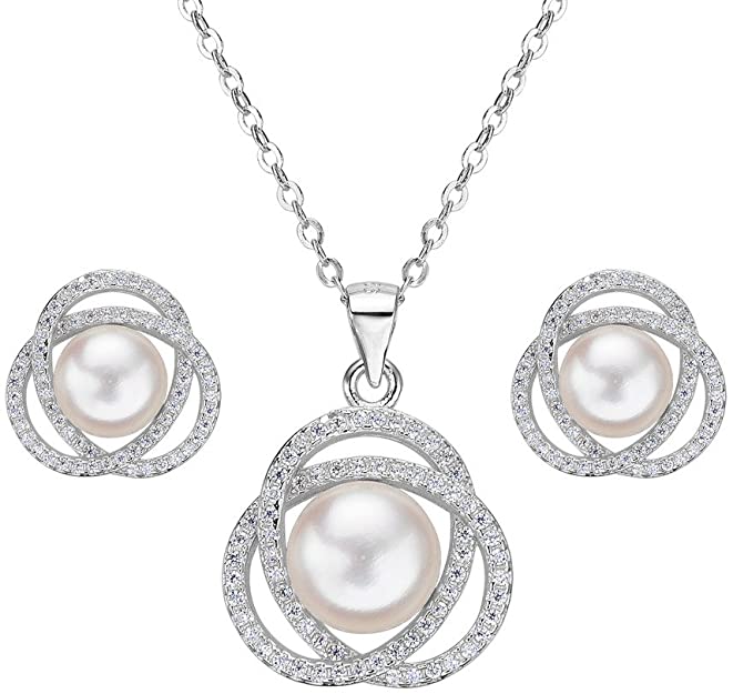 Sterling Silver CZ Freshwater Cultured Pearl Elegant Pendant Necklace Earrings Set