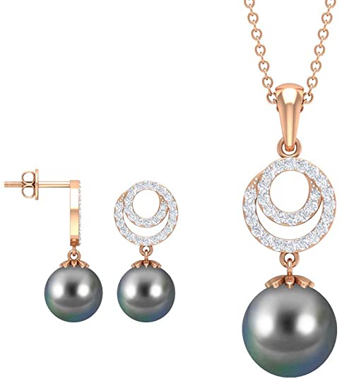 14.35 CT Pearl Pendant and Earring Set, Gold Engraved Swirl Diamond Necklace