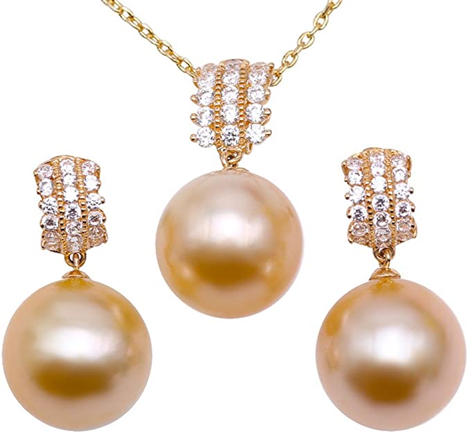 Pearl 14K Yellow Gold Necklace Pendant Earrings Set