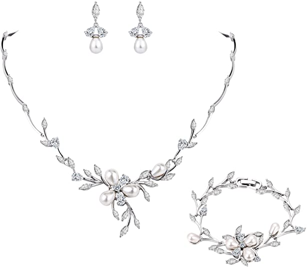 Marquise CZ Simulated Pearl Bridal Flower Leaf Filigree Necklace Earrings Bracelet Set