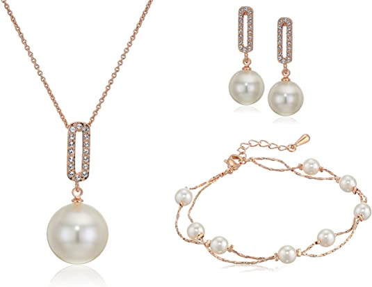 Multi Strand Pearl Bracelet Set Pendant Necklace 18" Dangle Earrings with Swarovski Crystal Simulated White Pearls Bracelet