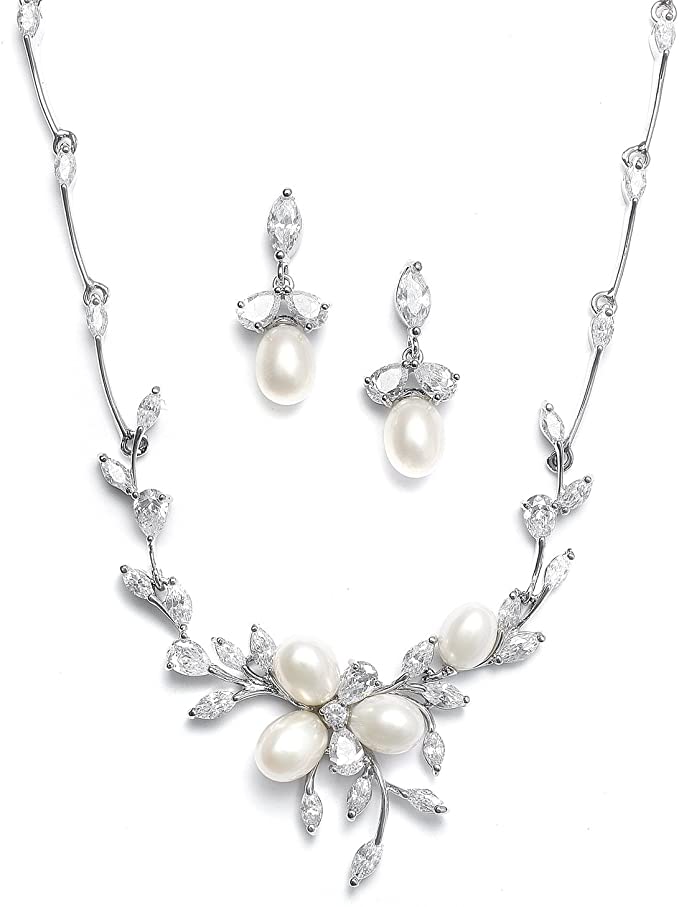 Genuine Freshwater Pearl & CZ Marquis Necklace Earrings Set