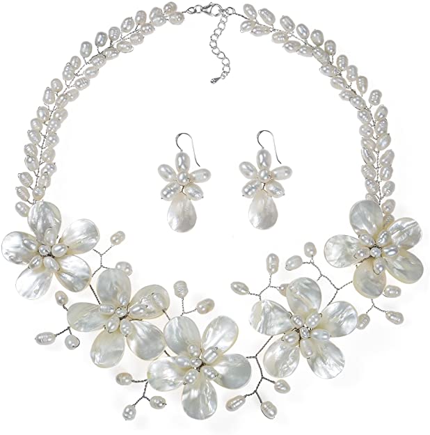 Floral White Mother of Pearl & Cultured Freshwater White Pearl Beach Jewelry Set