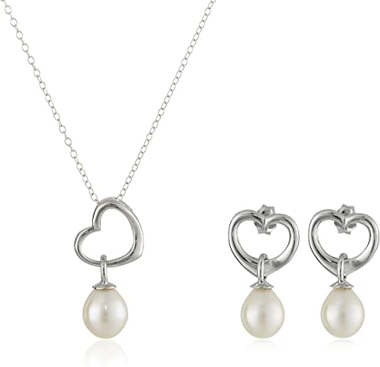 Sterling Silver Cultured Freshwater Pearl Heart Shape Jewelry Set