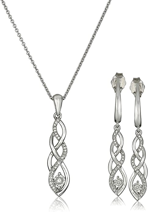 Sterling Silver Diamond Twist Pendant Necklace and Earrings Box Set