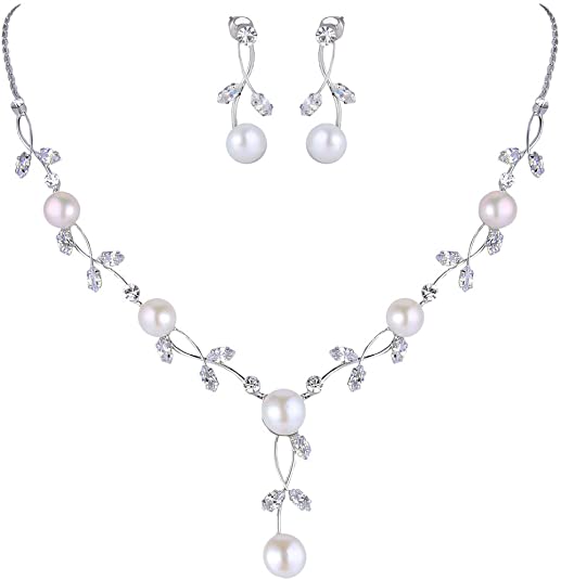 CZ Crystal Simulated Pearl Floral Vine Filigree Necklace Earrings Set