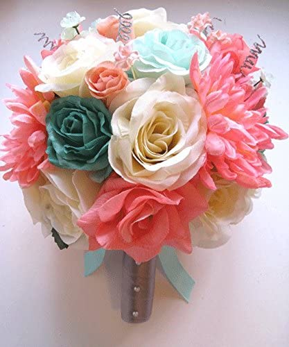Silk Floral Bouquets Coral Teal Green Mint Gray Peach Silver in color