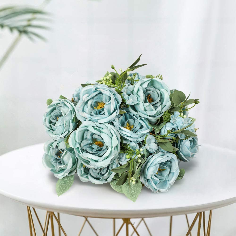Artificial Blue Peony Vintage Silk  Bridal Bouquets with 6 Bloomed Flower Heads