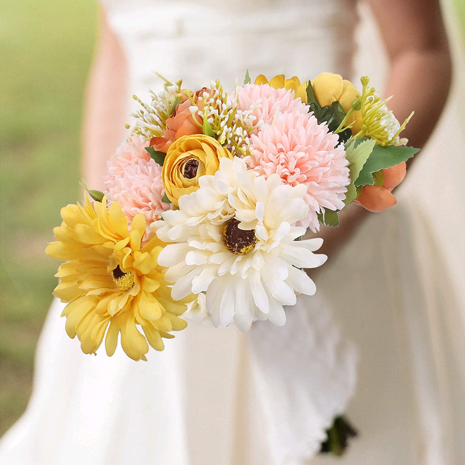 Beautiful Artificial Bouquet Silk Rose Hydrangea Yellow Daisy Wildflowers Bridal Bouquet
