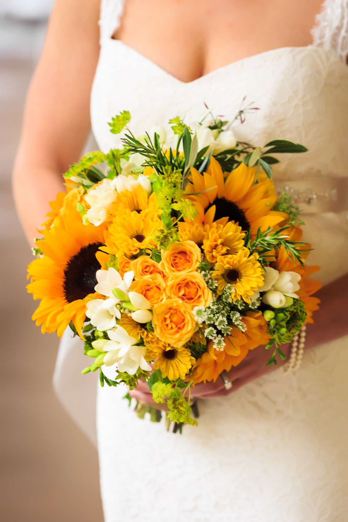 Bride with Stunning Sunflower Bridal Bouquet - Yellow, Green and White Bouquet Colors