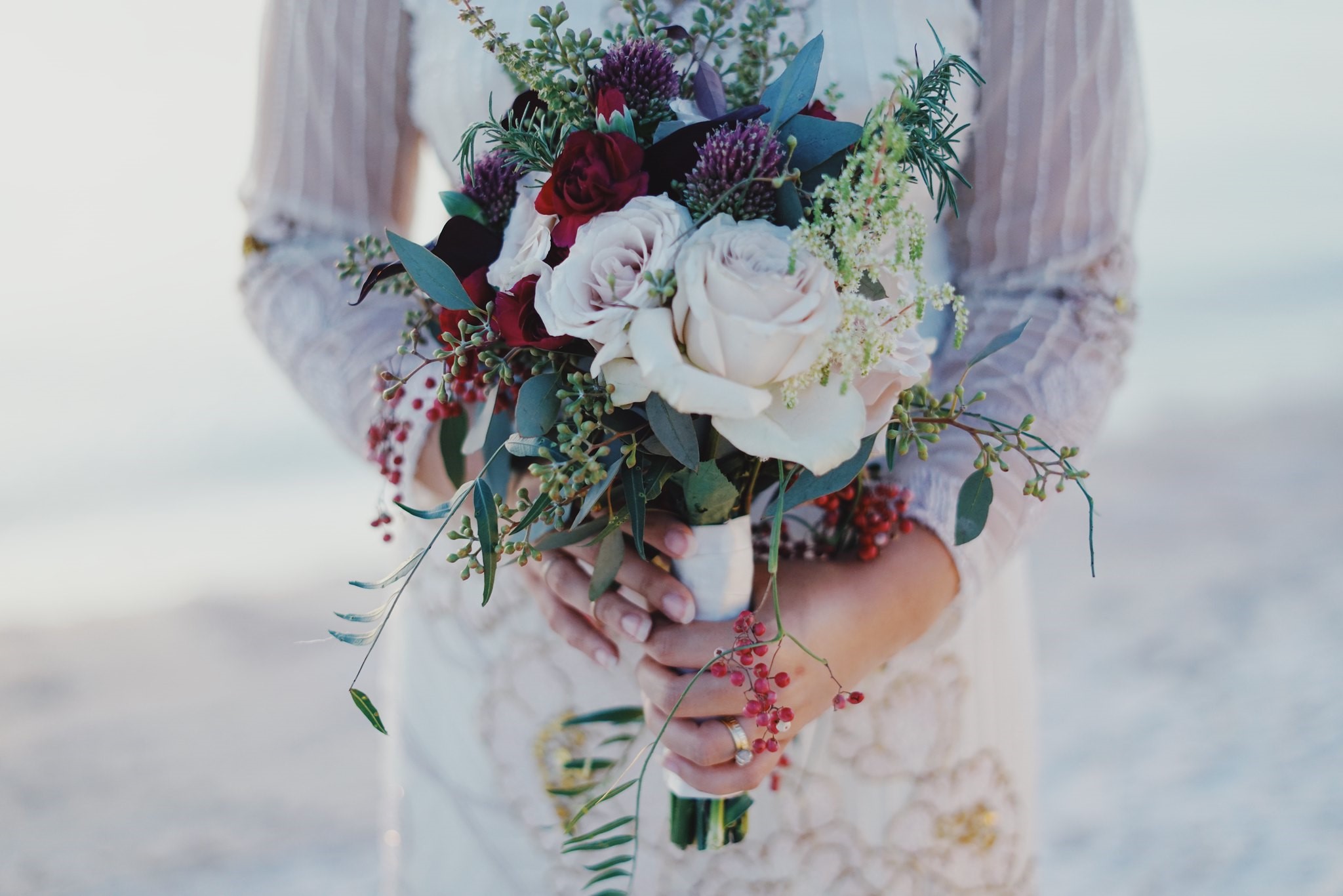 Stunning Elegant and Romantic Floral Bouquet - White with Purple, blue, green and red floral accents