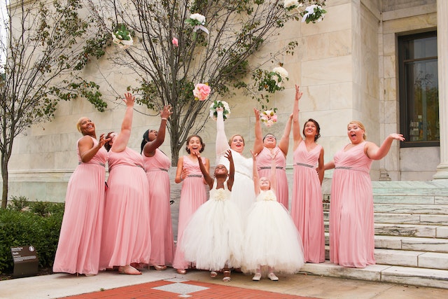 Wedding Party Photo. Bridesmaids in Pink. Photo has bride, flower girls and bridesmaids.