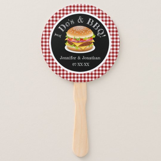 wedding program ideas, I Do and BBQ Red Gingham Hamburger Casual Wedding Hand Fan, bbq wedding program fan