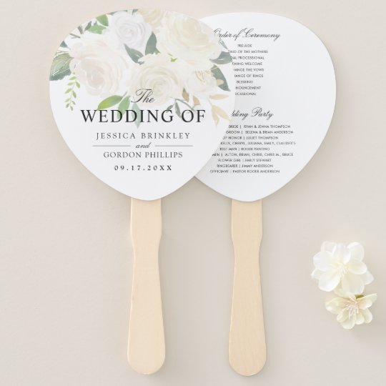 wedding program ideas, White Rose Bouquet Wedding Program Hand Fan, wedding program fans