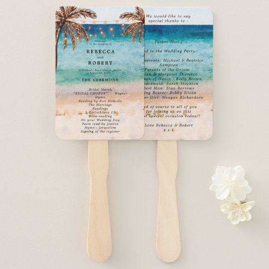 wedding program ideas, beach palm trees tropical wedding program fans, beach wedding program fans