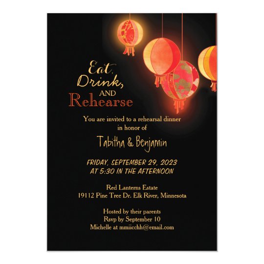 wedding rehearsal invitations, Fancy Red Paper Lanterns Wedding Rehearsal Dinner Invitation, black wedding rehearsal dinner invitations