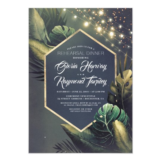 wedding rehearsal invitations, Tropical Beach Night Rehearsal Dinner Invitation,  lush green nature and night wedding rehearsal dinner invitations