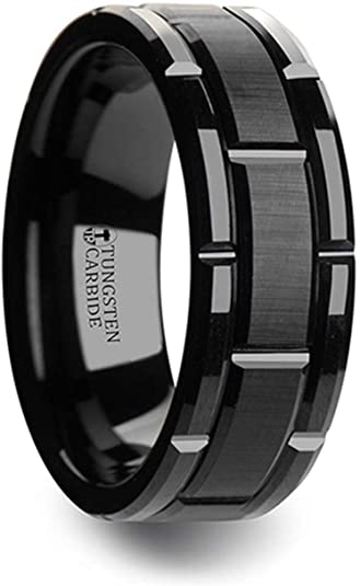 wedding rings, wedding bands, wedding ring ideas, wedding band ideas, Beveled Black Wedding Ring Band with Brush Finished Center and Alternating Grooves - 8mm