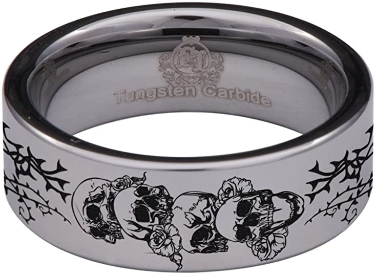 weeding rings, wedding bands, wedding ring ideas, wedding band ideas, Friends of Irony Tungsten Carbide Skull and Roses Gothic Wedding Band Anniversary Ring for Men and Women 8mm