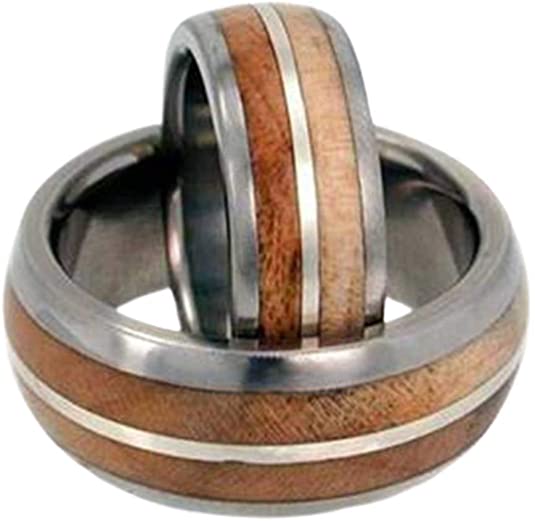 wedding ring, wedding band, wedding ring ideas, wedding band ideas, Maple Wood, Sterling Silver Comfort-Fit Titanium Couples Wedding Ring Set