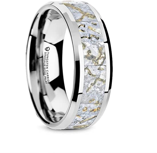 wedding rings, wedding bands, wedding ring ideas, wedding band ideas, Mesozoic White Dinosaur Bone Inlaid Tungsten Carbide Beveled Edged Ring 8mm Wide Wedding Band