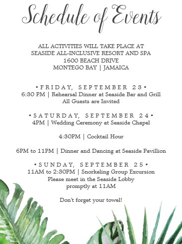 wedding events card, wedding details card, destination wedding event card