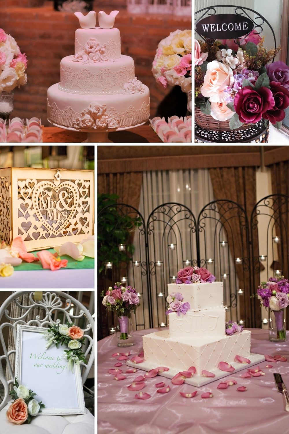 Ideas on decorating wedding reception with flowers - welcome signs, welcome table, cake table and gift table