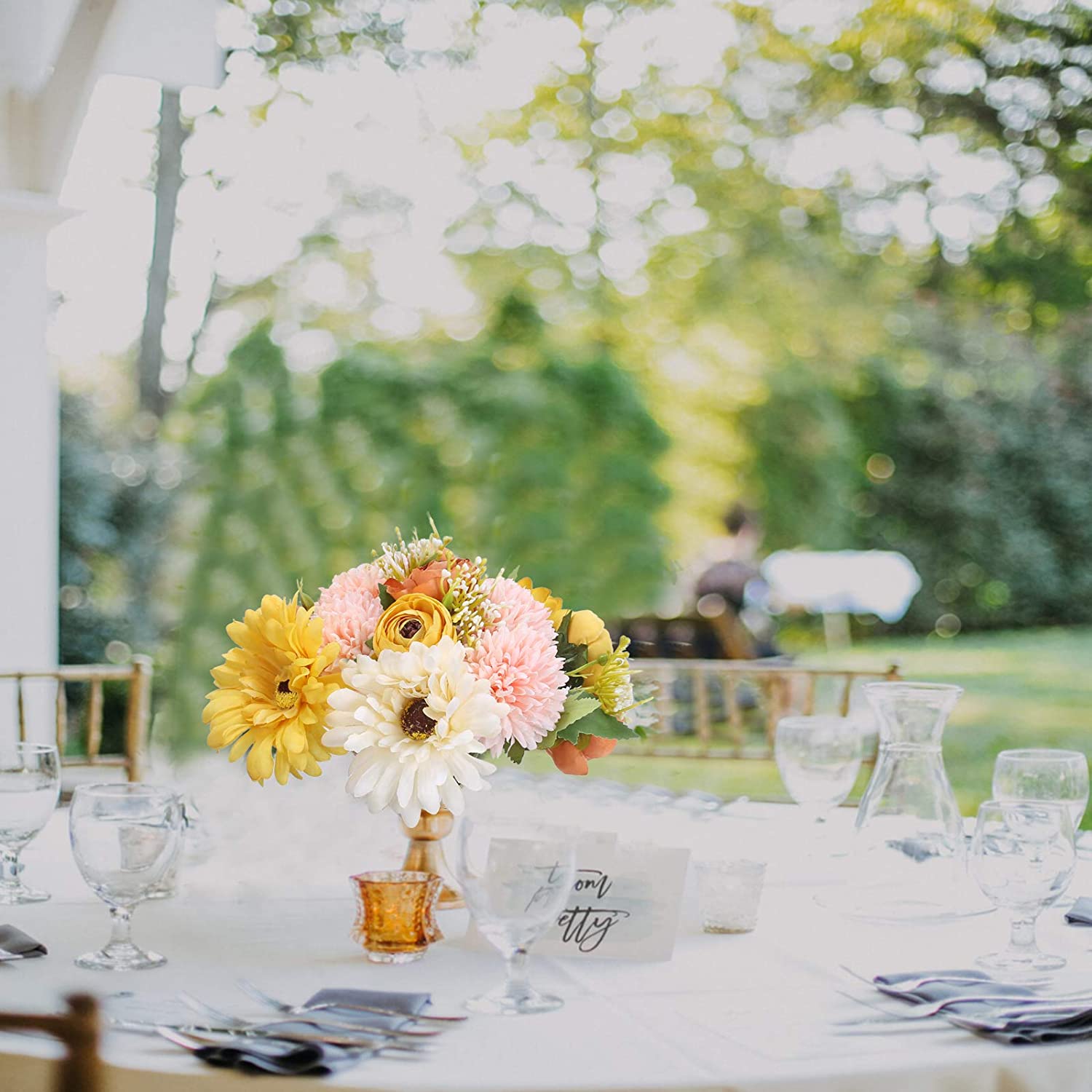 Pink, Yellow and White Silk Sunflower, Hydrangea, Daisy and Wildflower Wedding Centerpiece