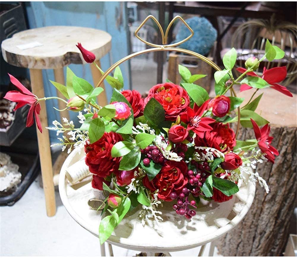 3D Artificial Red and Green Floral and Berry Arrangements - Geometric Metal Flower Vase