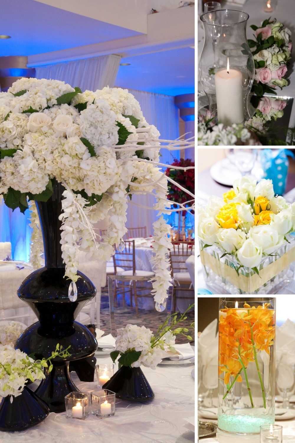 Gorgeous Photos of Wedding Flower Centerpieces with light or a tropical look and feel