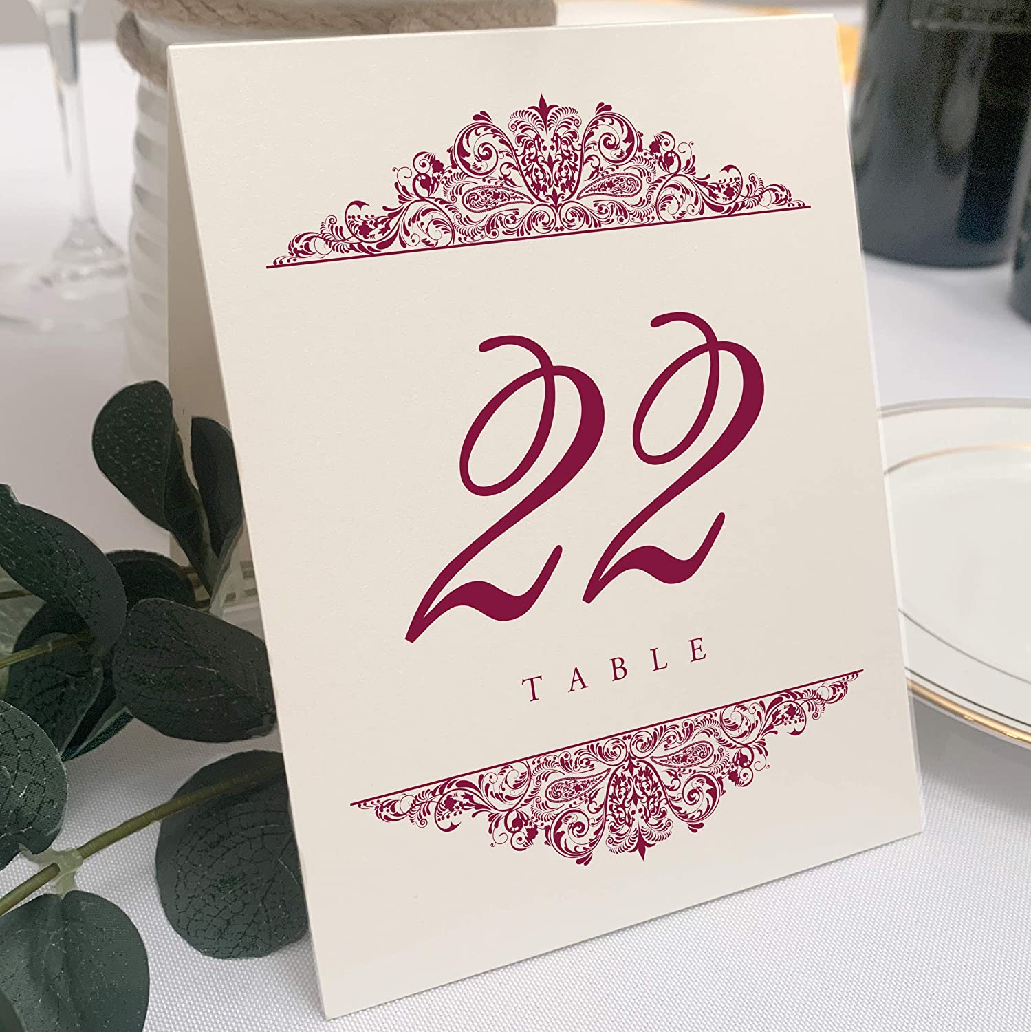 Champagne and Burgundy Paisley Wedding Table Numbers