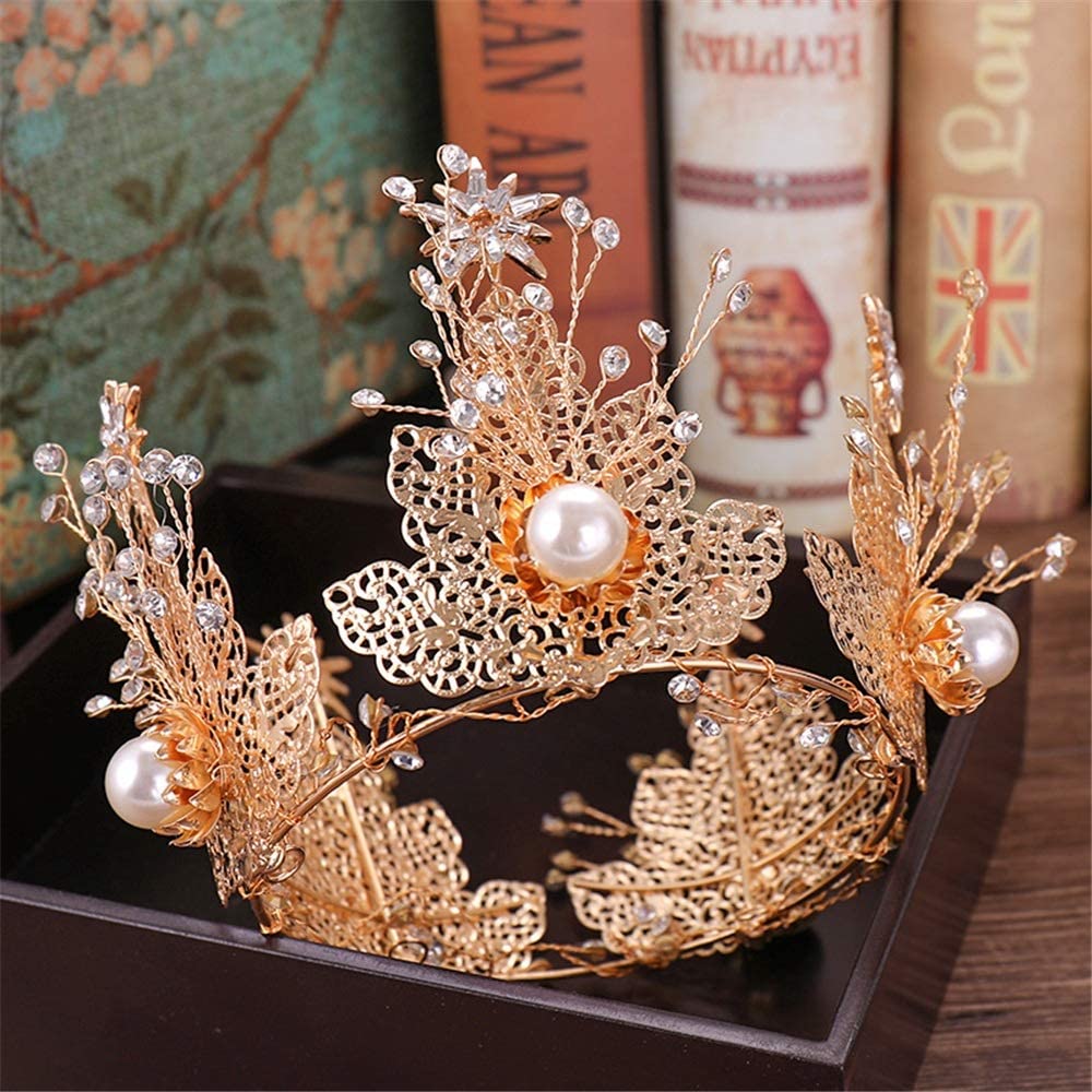 Gold Round Leaf Crown Rhinestone Tiara with Pearls