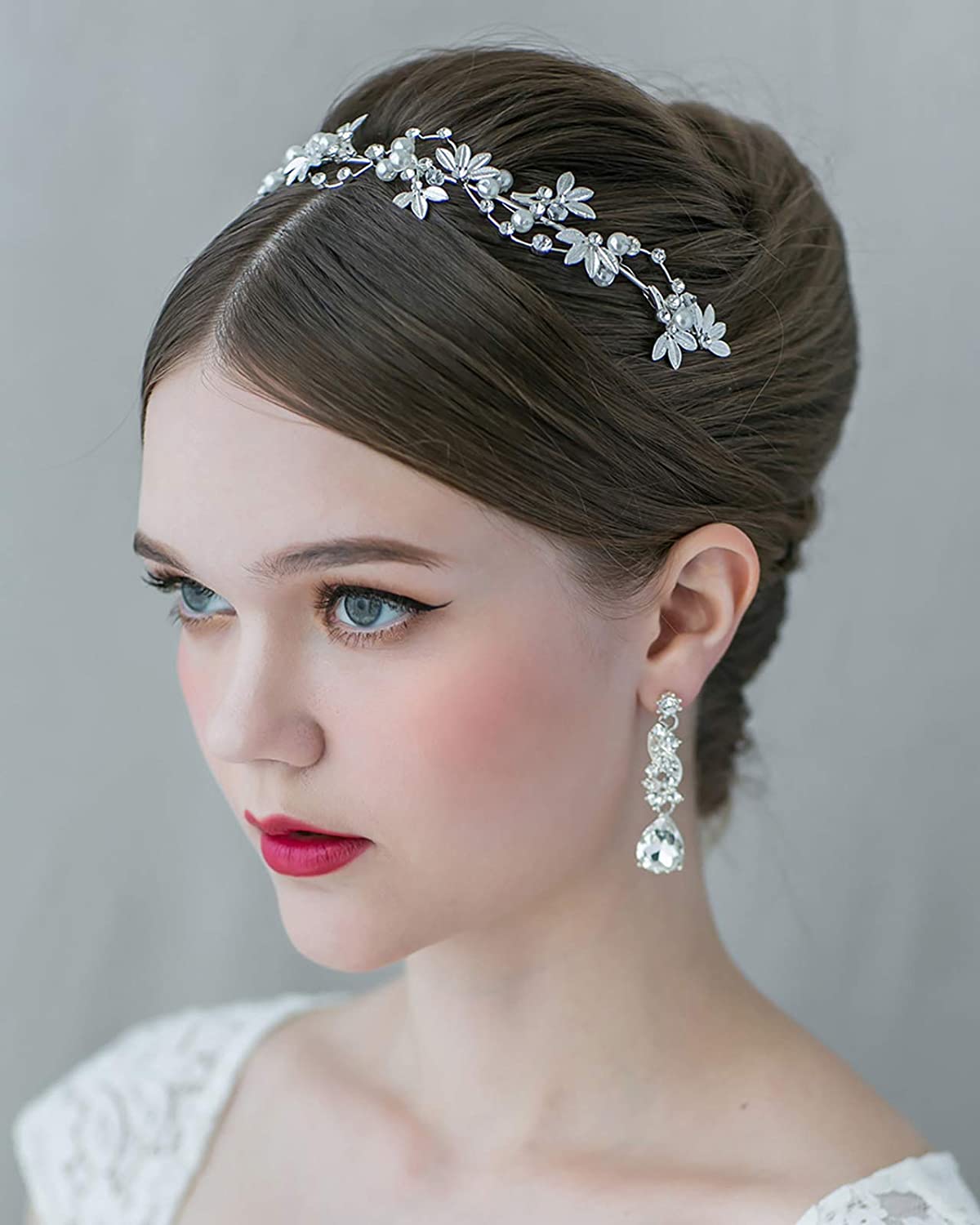 Bridal Pearl Headband Silver-Leaf Crystal Bridal Headpiece