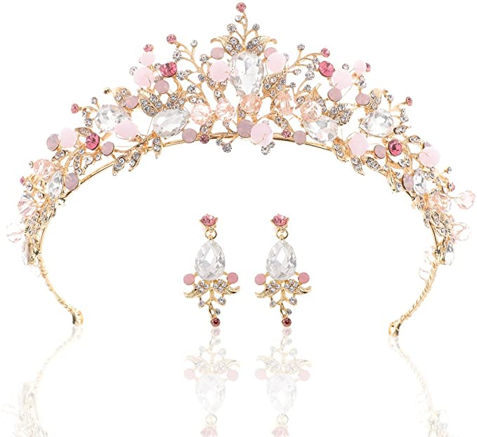 Gold Wedding Crown Bridal Tiaras with Earrings Pink Purple Bridal Headband