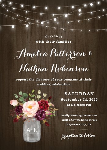 western wedding ideas, western wedding invitations, country wedding invitations, Rustic Burgundy Blush Floral Mason Jar Wedding Invitation