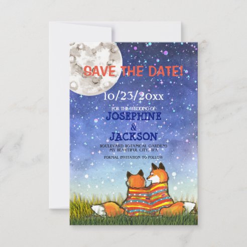 Whimsical Blue Fox Moon Star Save the Date