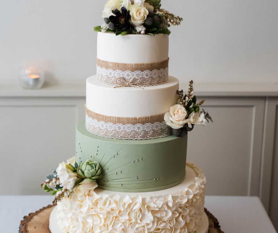 White and Green Rustic Lace and Flowers Wedding Cake